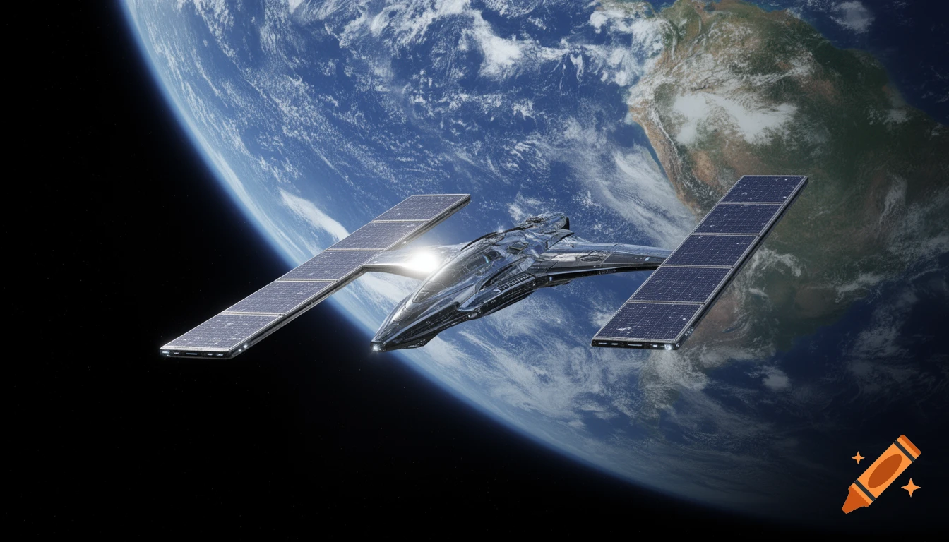 A detailed photorealistic image of a futuristic metallic spaceship with two large rectangular solar panels orbiting Earth in deep space.