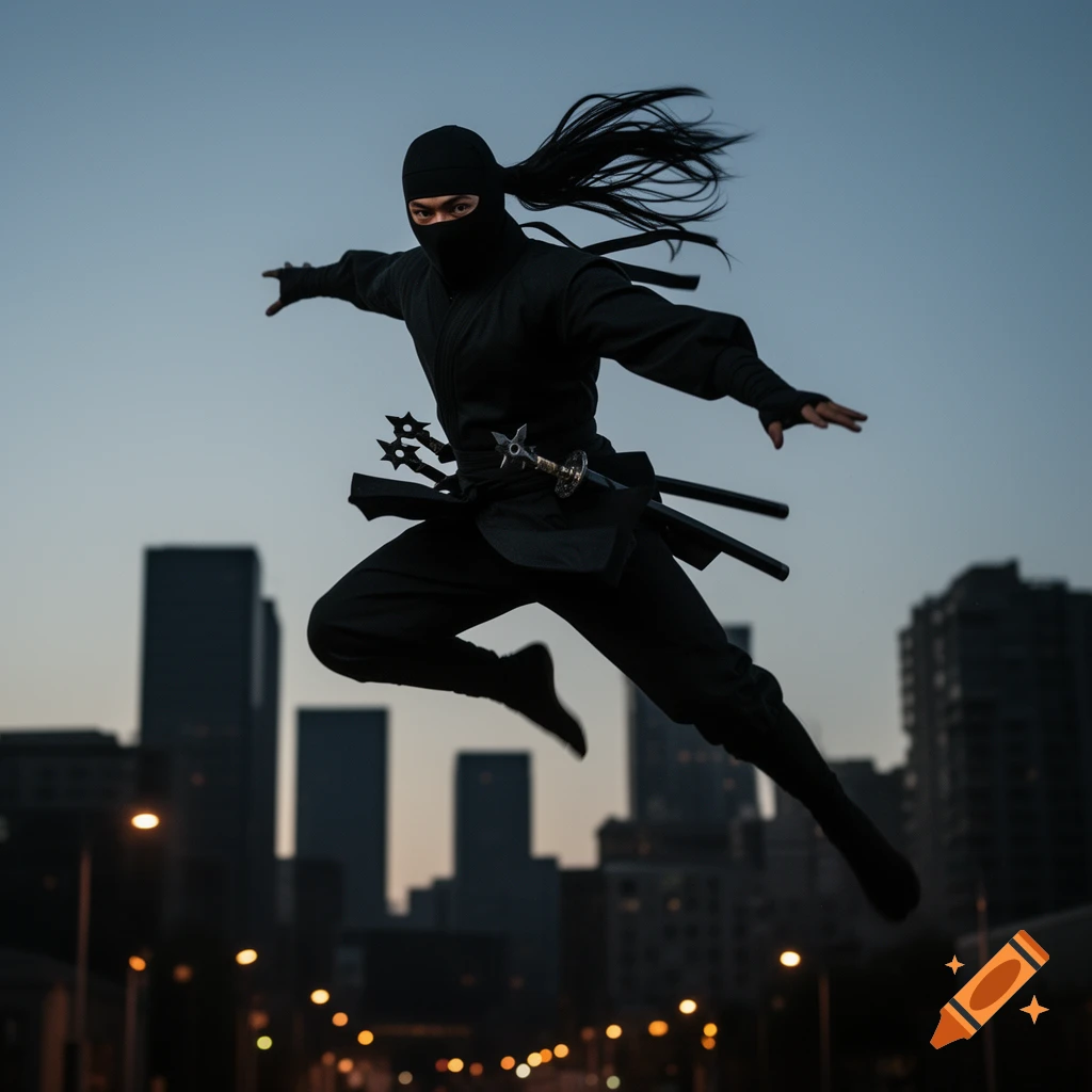 A photorealistic ninja leaps mid-air above a dark city skyline with glowing streetlights.