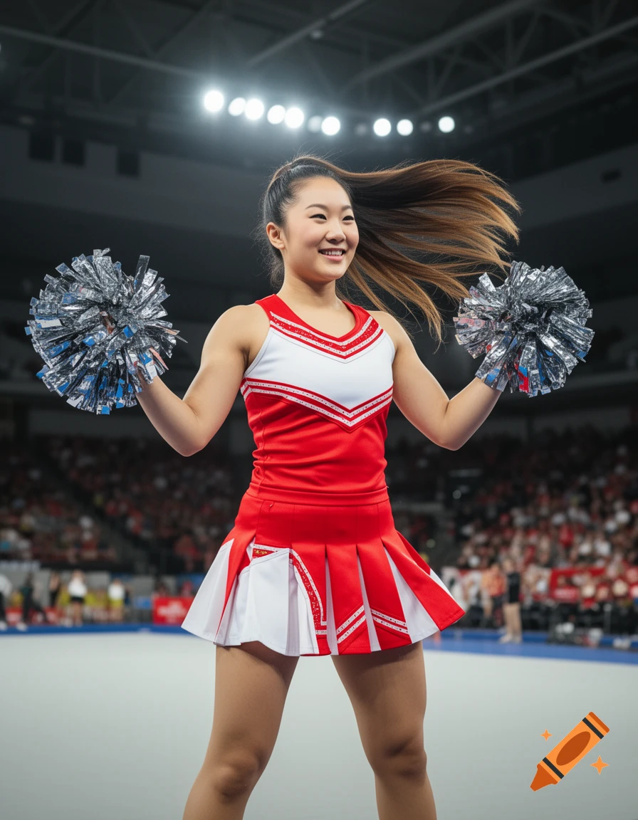 Smiling young Asian cheerleader in a red and white uniform holding silver pom-poms in a brightly lit sports arena.