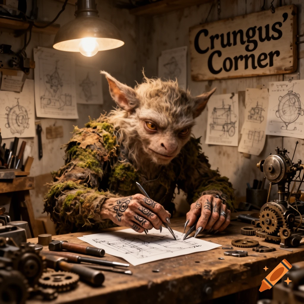 A furry, goblin-like creature with glowing eyes and tattoos draws blueprints at a cluttered wooden workbench. A sign reads 'Crungus' Corner'. Photorealistic.