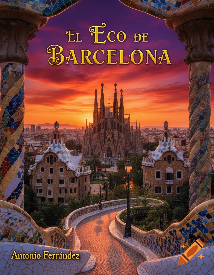 Sunset view over Barcelona featuring Sagrada Familia and Gaudi architecture, framed by mosaic-covered columns, with a path leading through Parc Güell.