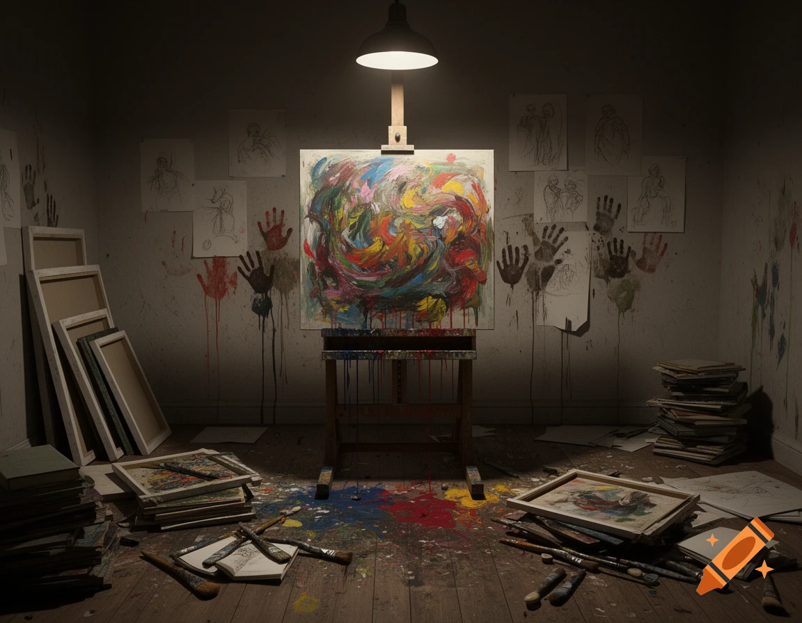 A dimly lit art studio with an abstract painting on an easel, paint splatters on the floor, and sketches and handprints on the walls.