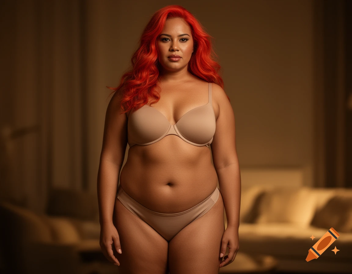 A photorealistic portrait of a woman with red hair wearing a beige bra and panties, standing in a softly lit room.