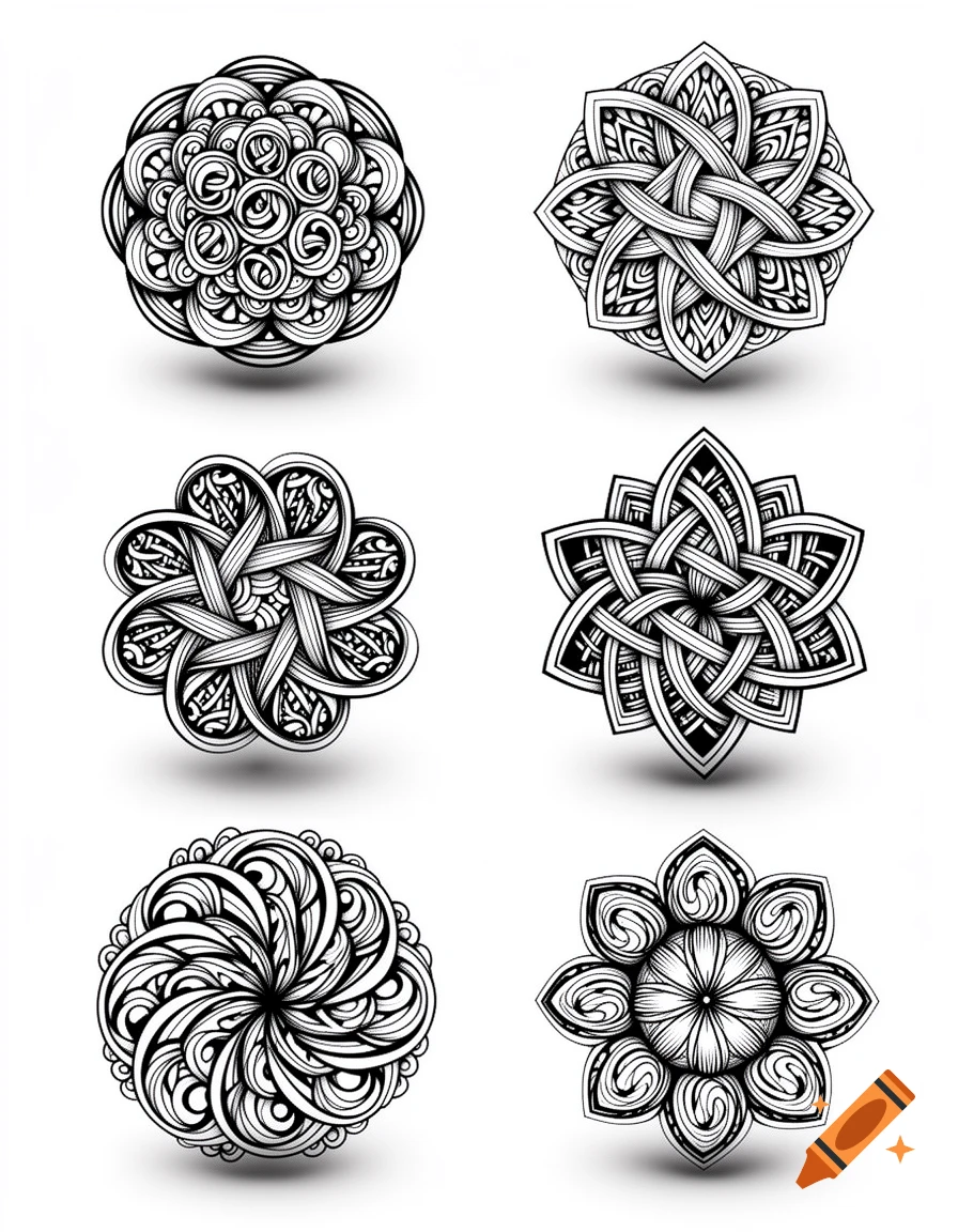 Six intricate black and white Zentangle patterns, each with unique swirling and knot-like designs, arranged on a white background.