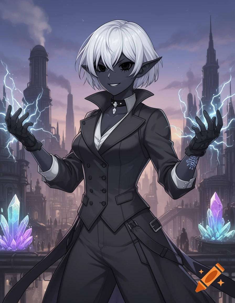 Anime Drow elf sorcerer with white hair and obsidian skin in a black ...