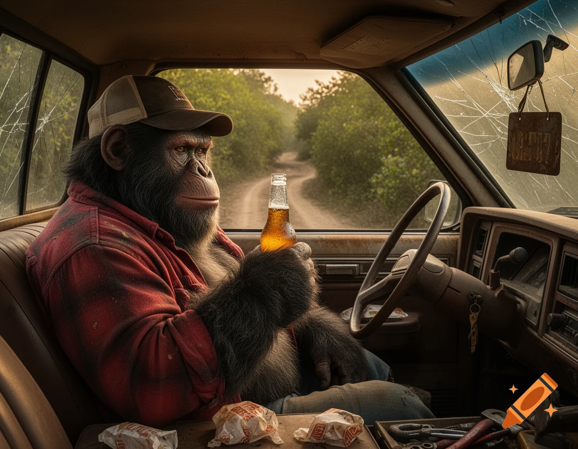 Photorealistic anthropomorphic chimpanzee in a plaid shirt and cap holds a beer bottle inside a rusty truck with a broken windshield.