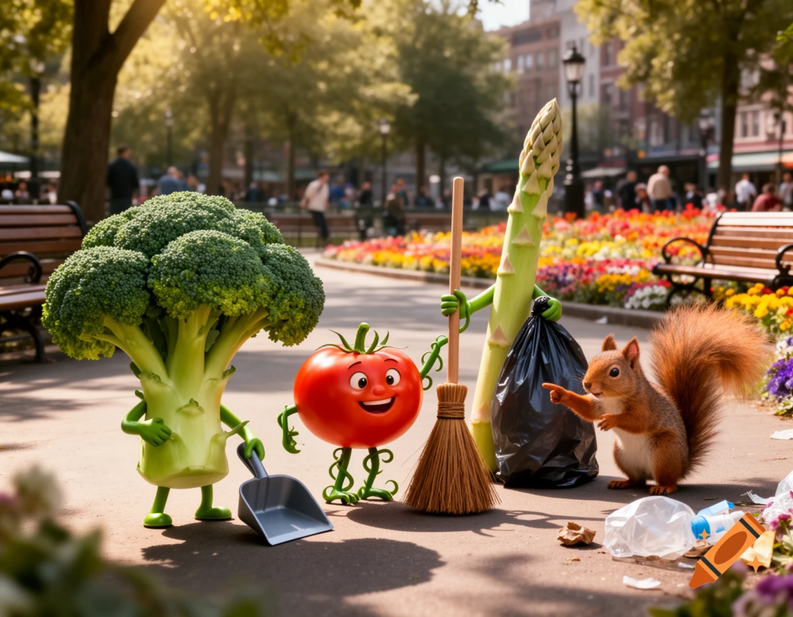 Cartoon broccoli, tomato, and asparagus characters, with a squirrel, cleaning up litter in a sunny park.