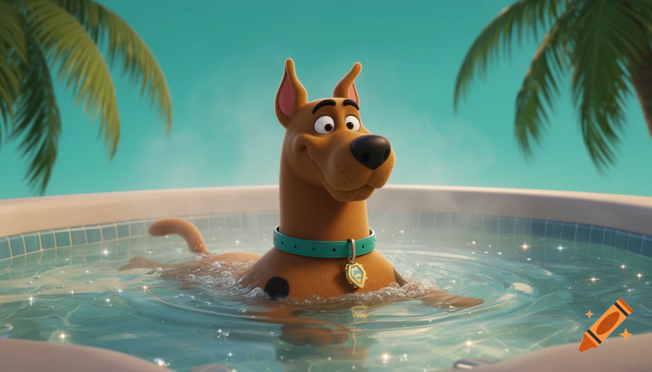 Scooby-Doo, a brown cartoon dog, relaxing in a sparkling hot tub with palm trees in the background, in 3D animation style.