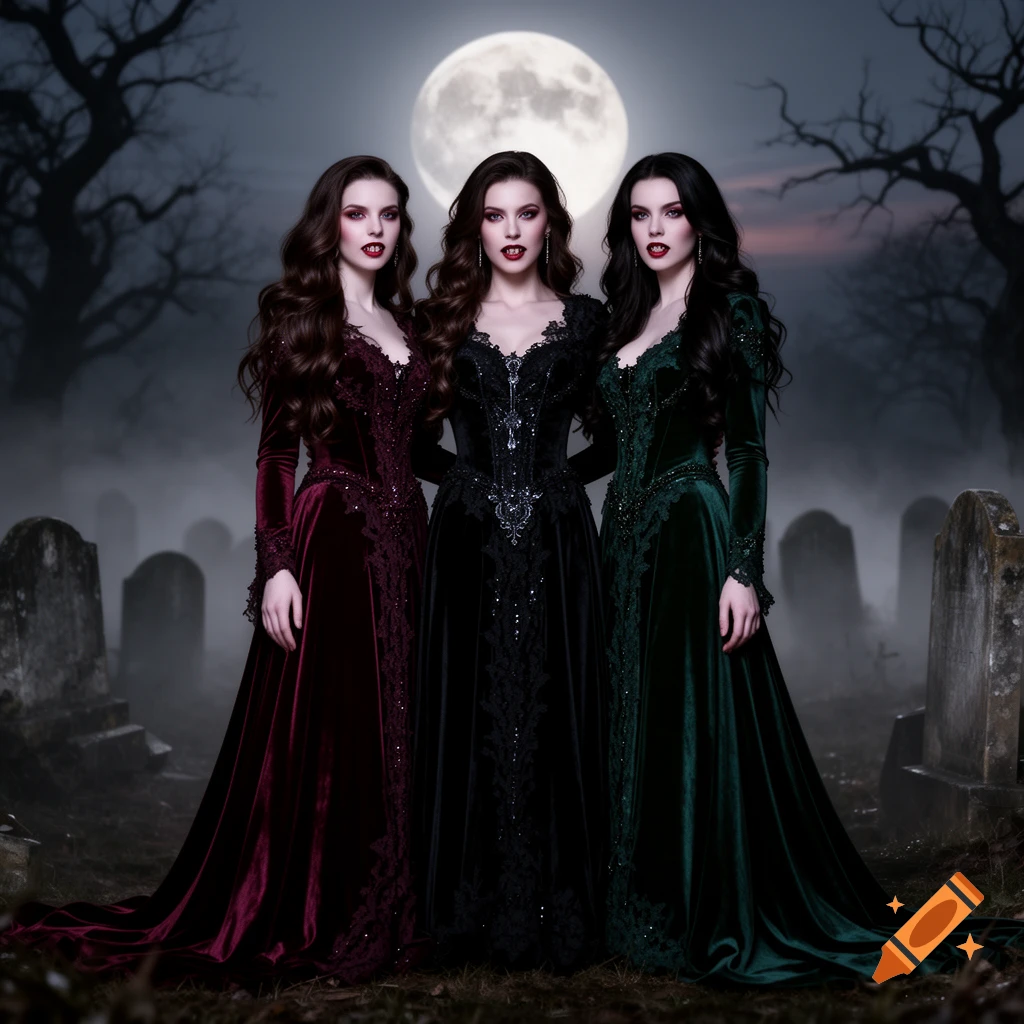 Three photorealistic vampire women in elaborate gothic velvet gowns (red, black, green) stand in a graveyard under a full moon.
