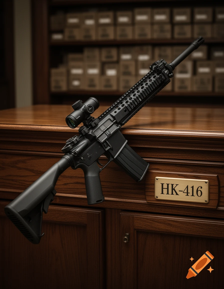Photorealistic image of a black HK-416 rifle with a scope resting on a polished wooden cabinet.