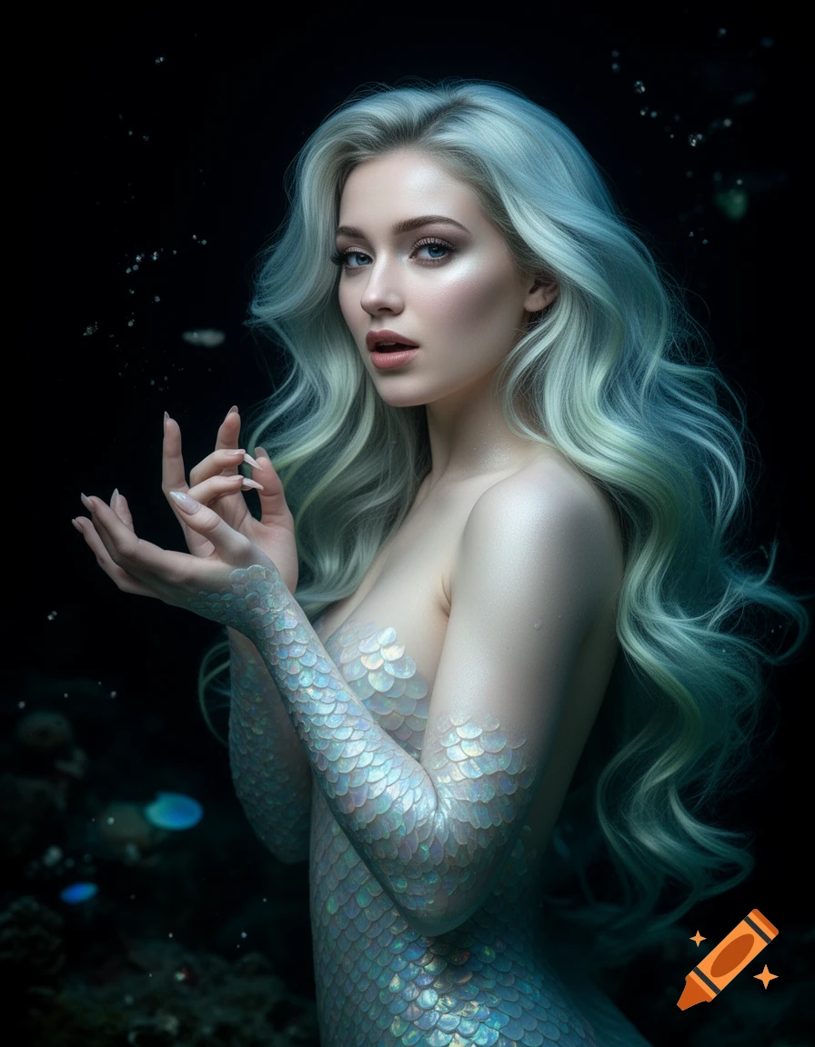 Photorealistic portrait of a beautiful siren with flowing blue-green hair and shimmering scales, gracefully posing underwater against a dark background.
