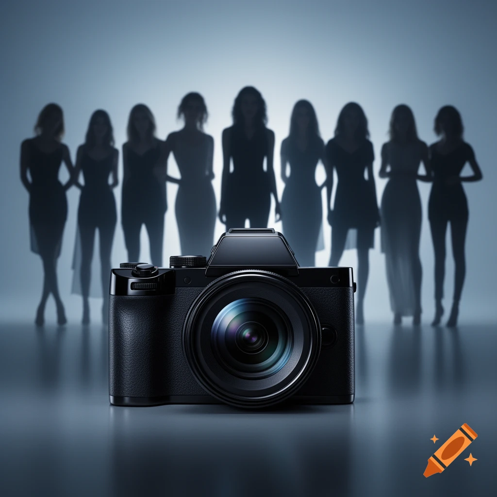 A modern black camera stands in the foreground, with nine dark silhouettes of women standing behind it against a light blue background.