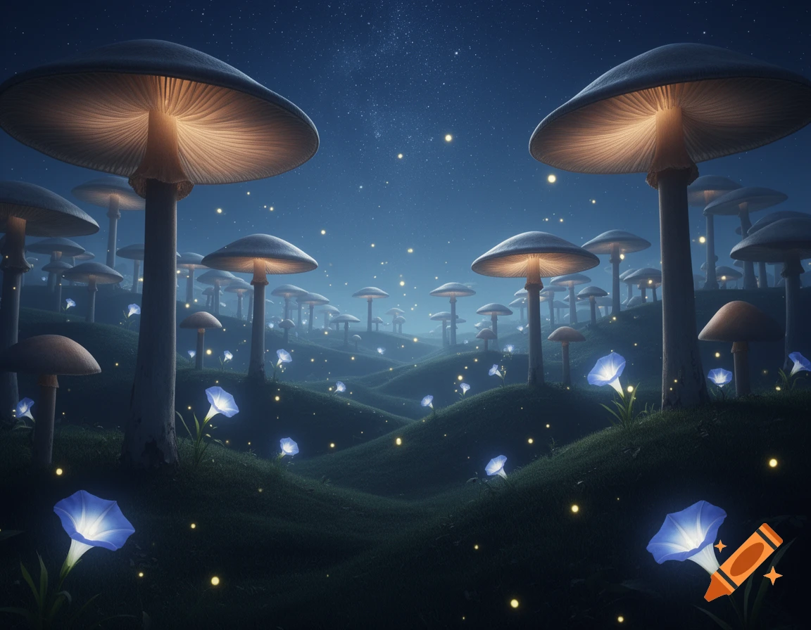 A dreamlike night scene in a mystical forest with many glowing mushrooms, blue moonflowers, and fireflies under a starry sky on hilly terrain.