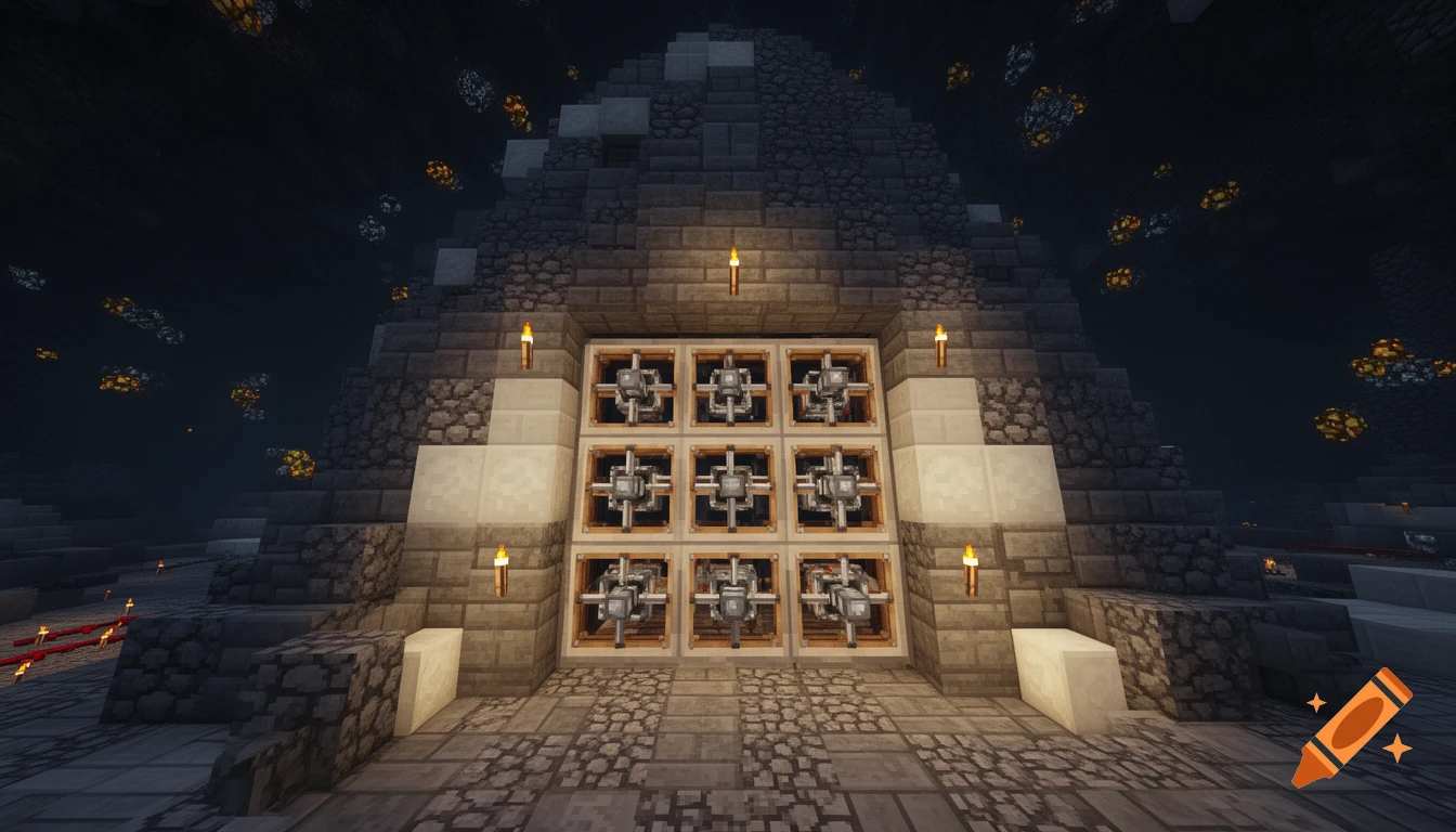 A Minecraft-style stone pyramid entrance featuring a 3x3 piston door, illuminated by torches in a dark cave.