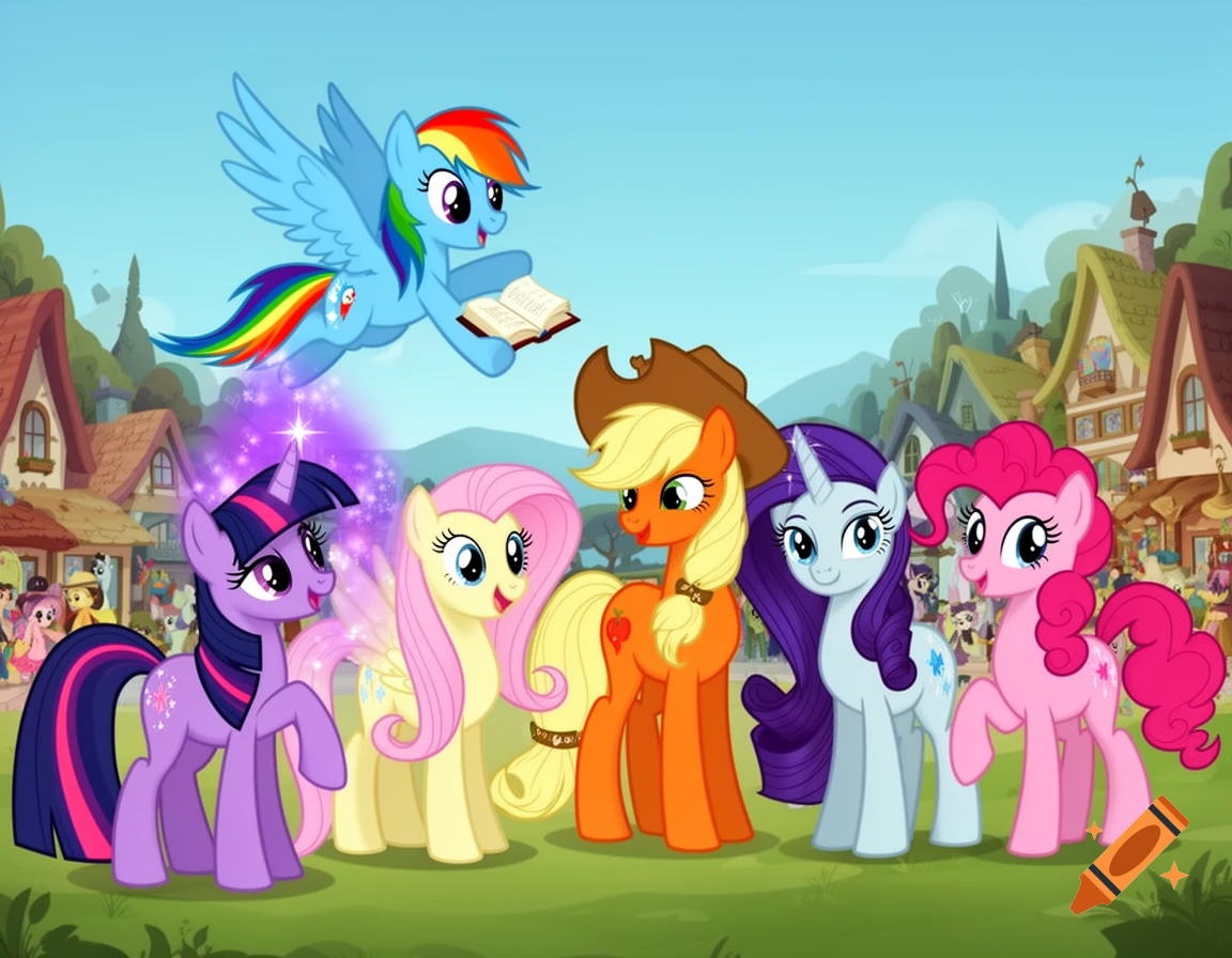 The Mane 6 My Little Pony characters on a grassy hill. Twilight Sparkle, Fluttershy, Applejack, Rarity, Pinkie Pie stand, while Rainbow Dash flies holding a book. A village is in the background.