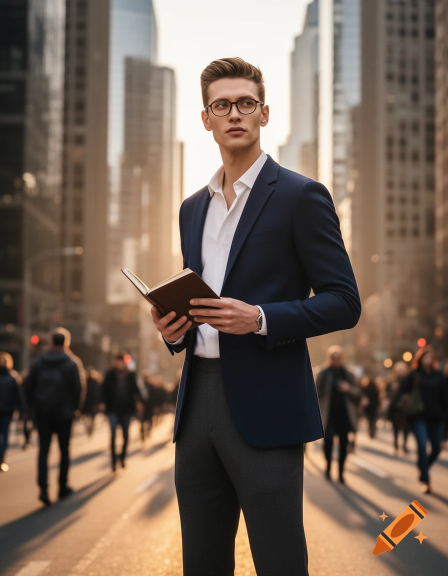A stylish man in a navy suit and glasses holds a book on a busy city street at sunset, photorealistic.