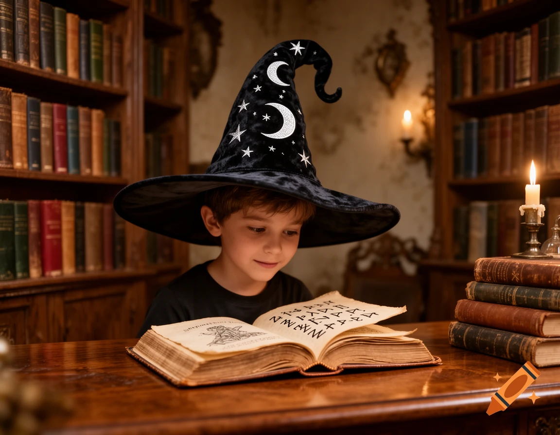 A young boy wearing a black wizard hat with moons and stars sits at a wooden desk, engrossed in reading an old book in a dimly lit library.