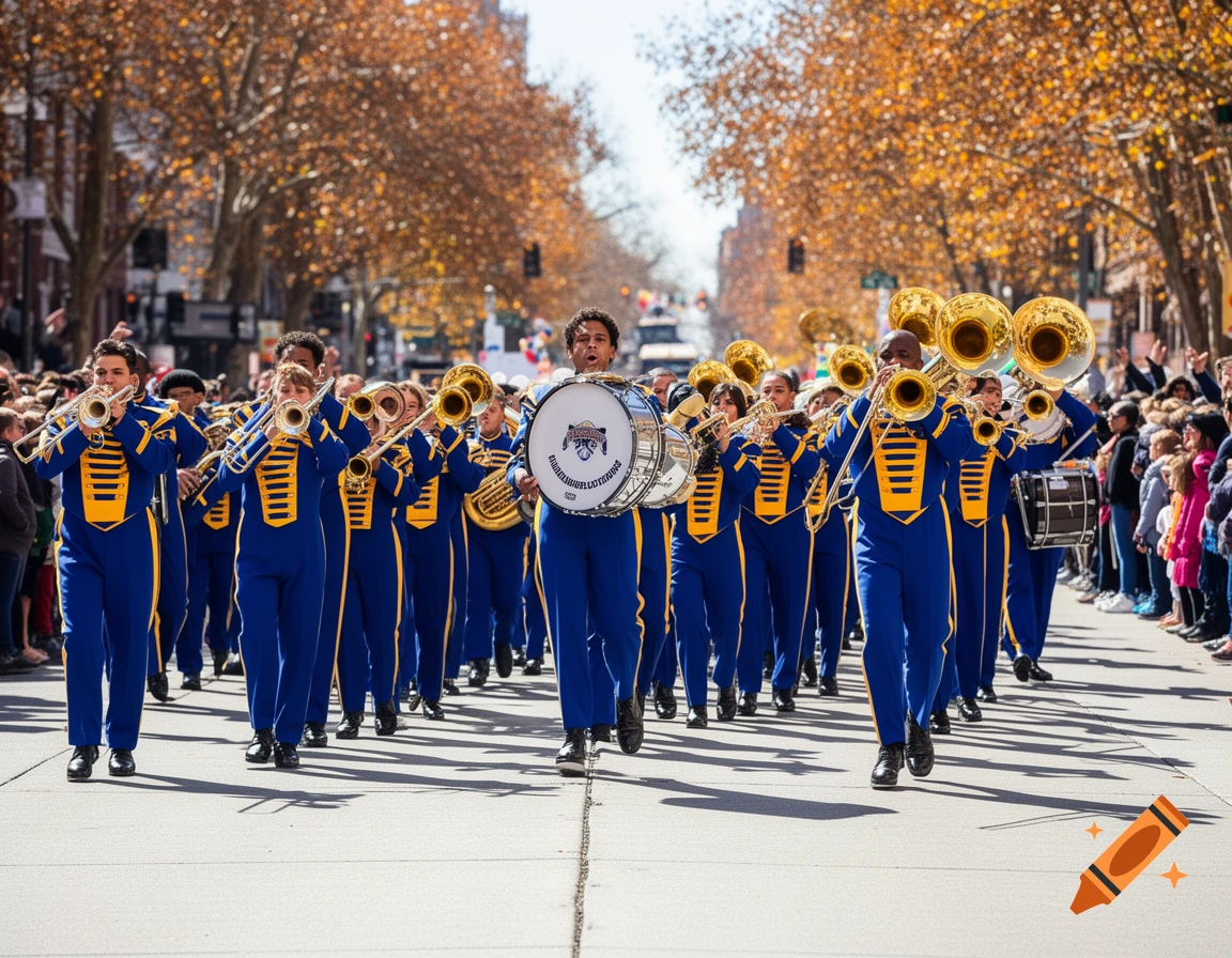 A marching band in blue and yellow uniforms plays brass instruments and drums while parading down a street lined with spectators and autumn trees.