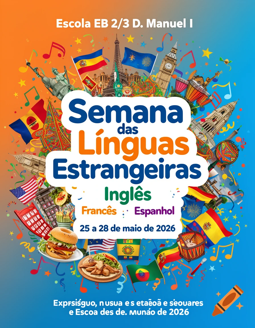Colorful poster advertising a 'Foreign Language Week' at Escola EB 2/3 D. Manuel I, featuring global landmarks, flags, and cultural symbols.