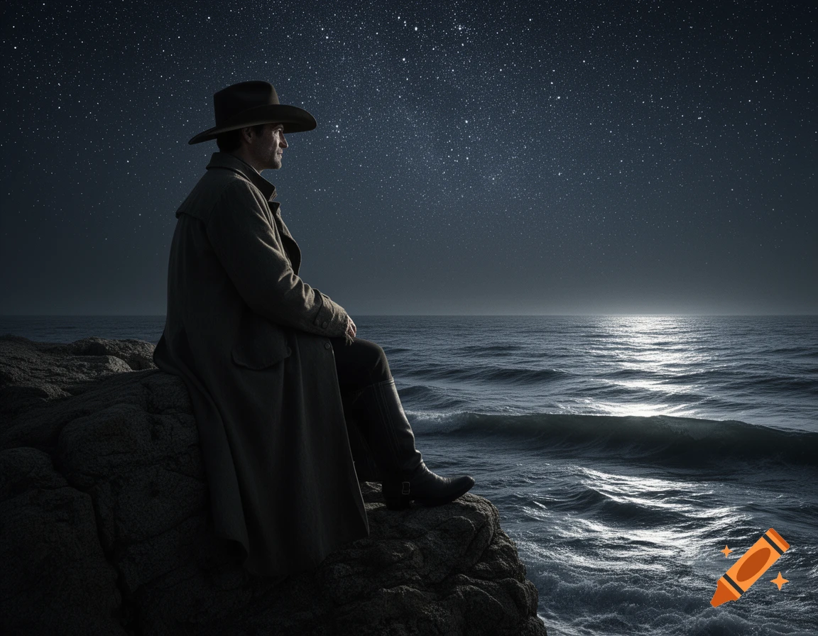 A man in a cowboy hat and long coat sits on a rocky cliff, looking out at the calm, moonlit sea under a vast, starry night sky. Photorealistic.