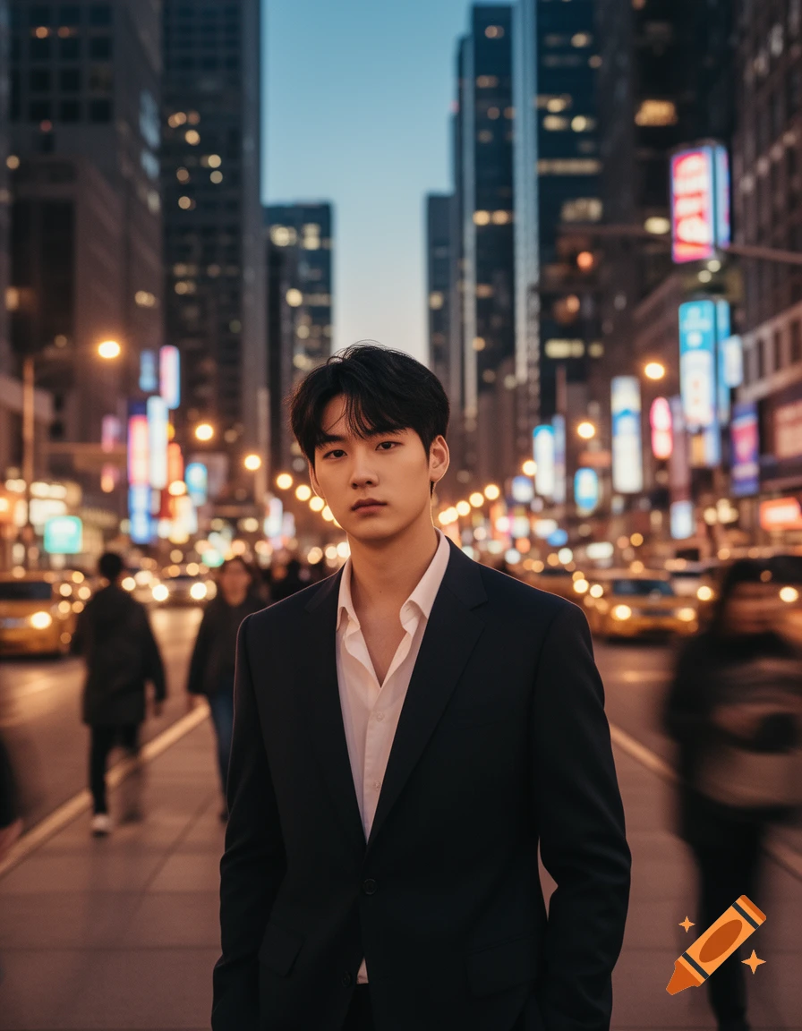 A young man in a dark suit stands on a bustling city street at night ...