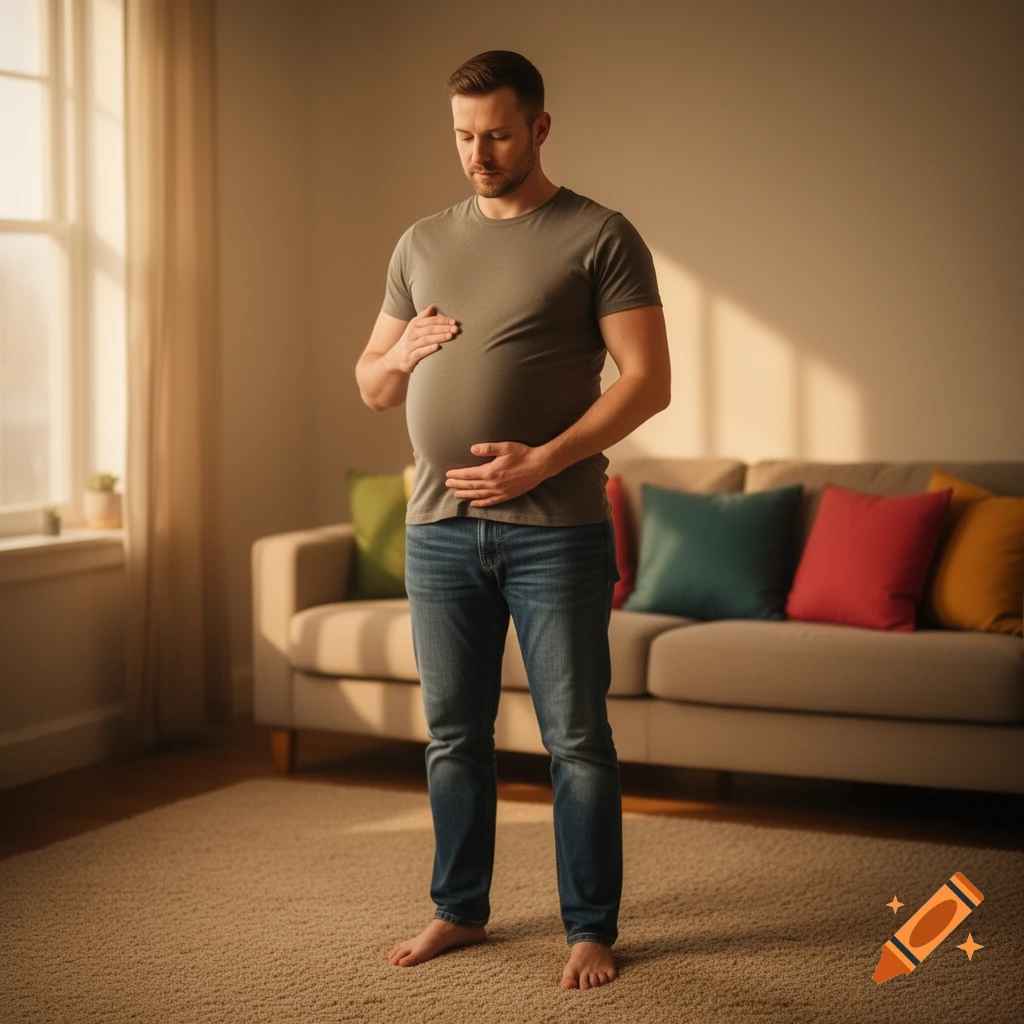 A man stands in a warm-lit living room, holding his visibly pregnant belly.