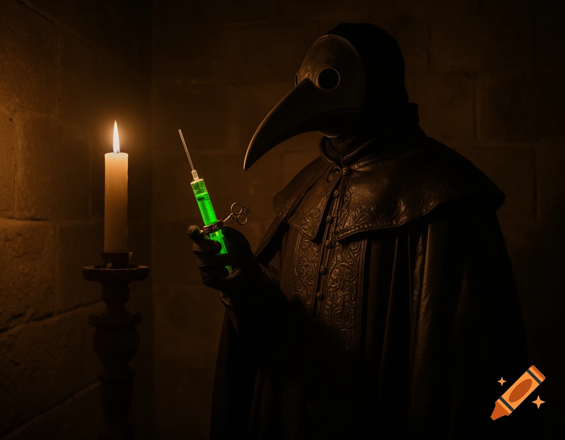 A plague doctor in a dark room holds a glowing green syringe next to a burning candle.