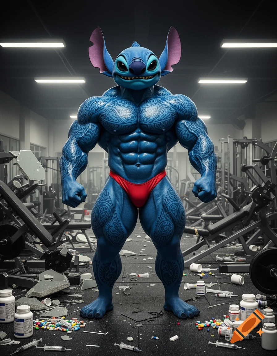 Hyper-realistic image of a massive, heavily muscled Stitch bodybuilder with Polynesian tattoos, wearing a red posing thong in a destroyed gym littered with drug paraphernalia.