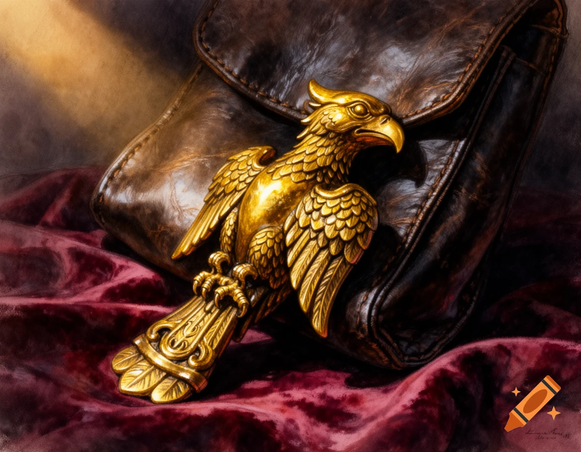 A detailed drawing of a golden eagle artifact resting on crimson velvet next to a dark leather satchel.