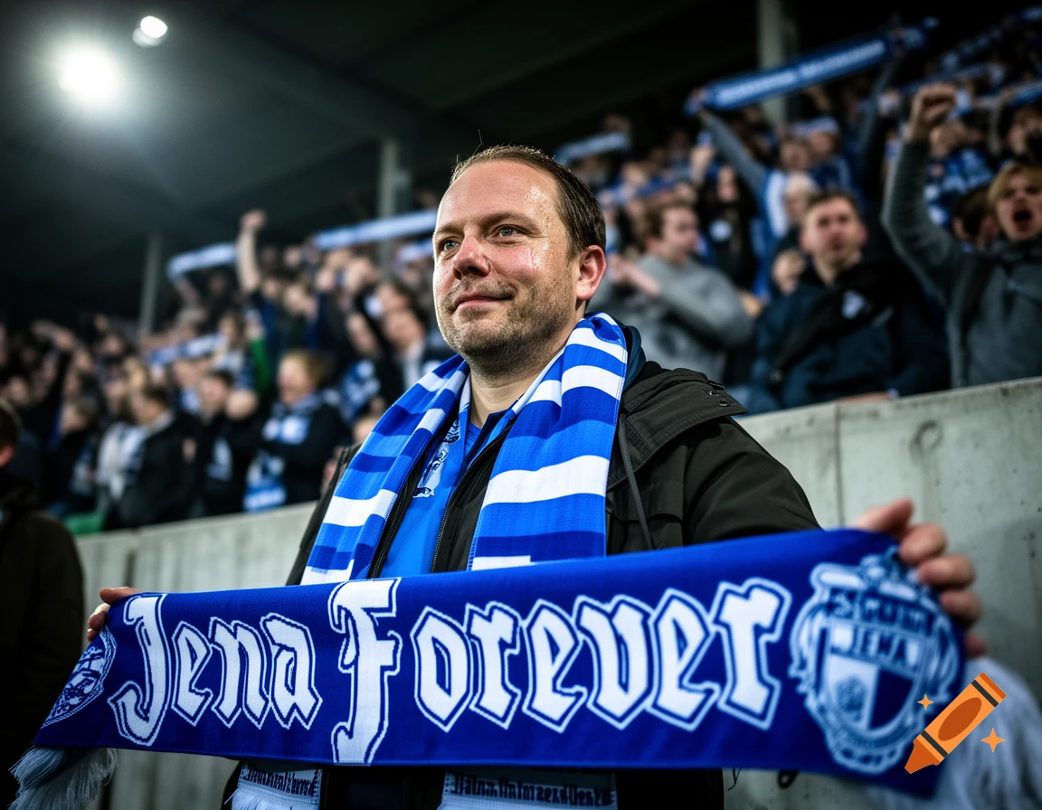 A smiling man in a stadium wears a blue and white scarf and holds up a banner reading 'Jena Forever' at a sports game, with other fans in the background.