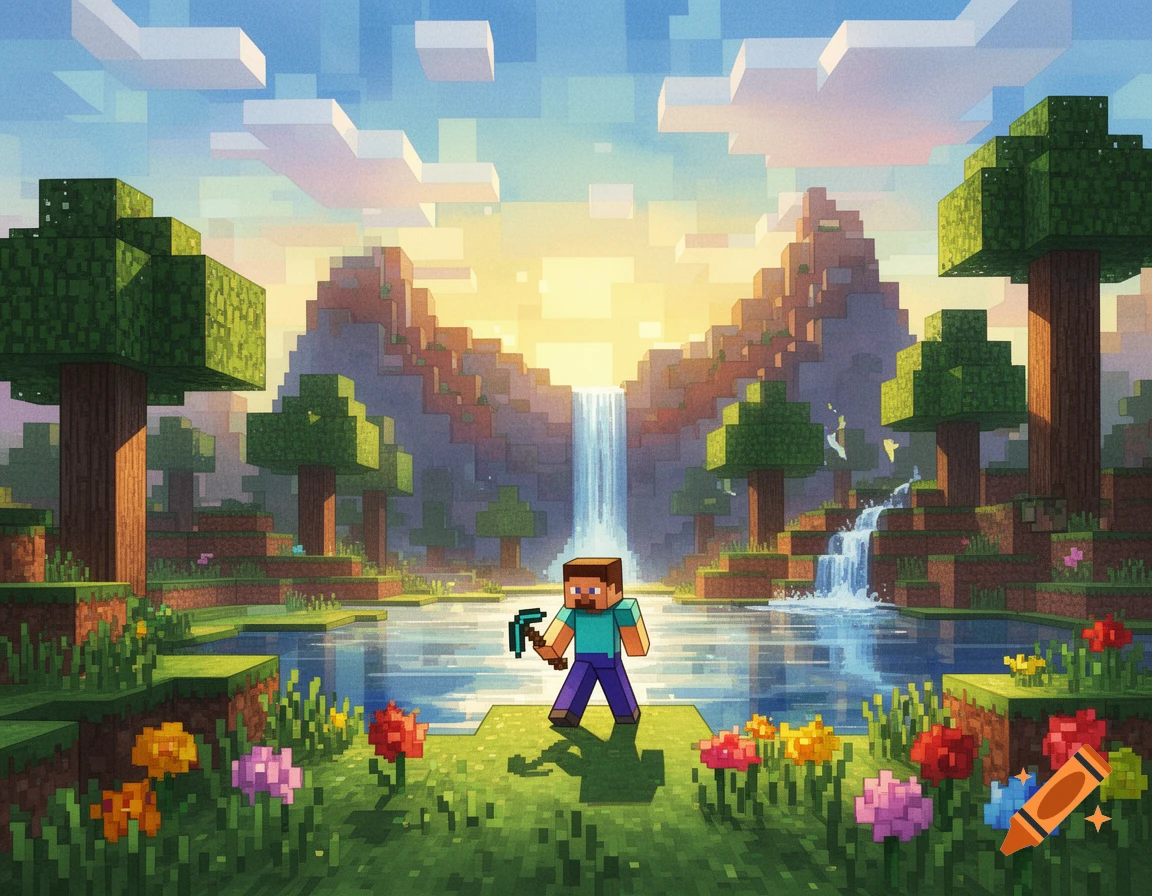 A vibrant, blocky Minecraft landscape with Steve holding a pickaxe by a lake, surrounded by trees, colorful flowers, and waterfalls under a bright, pixelated sky.