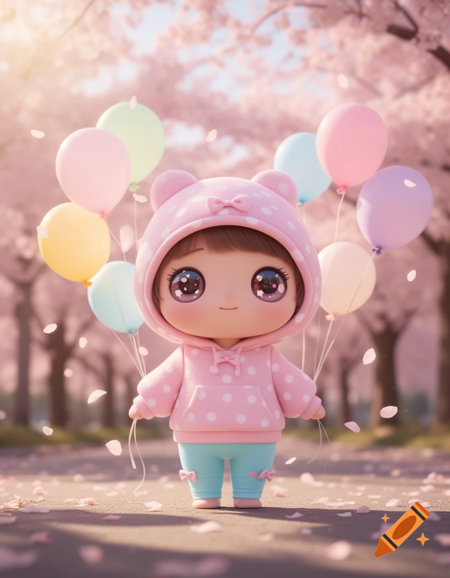 A cute chibi character in a pink bear hoodie and blue pants holds colorful balloons in a cherry blossom park. Digital art.