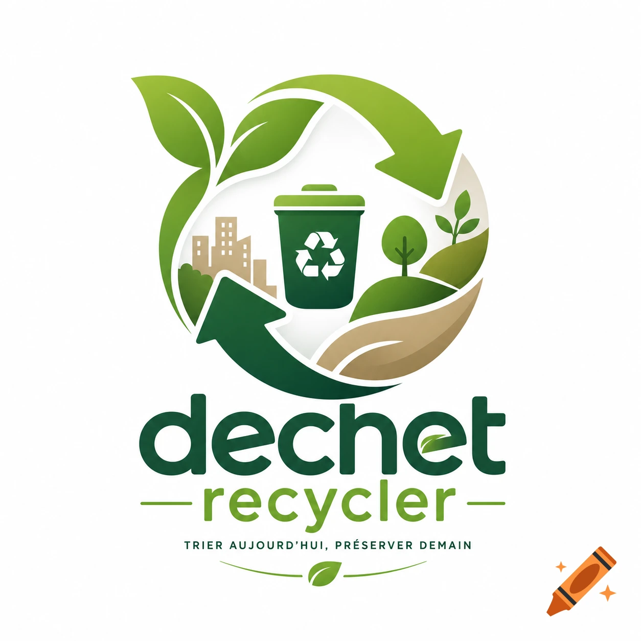 A green recycling logo showing a trash can, city buildings, trees, and hands within a circular arrow, with the text "dechet recycler" and "TRIER AUJOURD'HUI, PRÉSERVER DEMAIN".