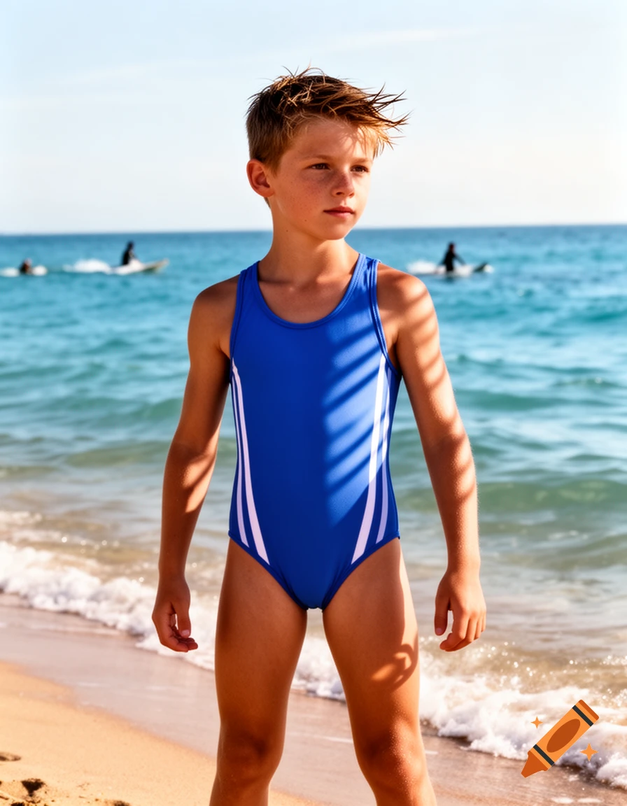 A young boy in a blue one-piece swimsuit stands on a sunny beach, with the ocean and distant surfers behind him.