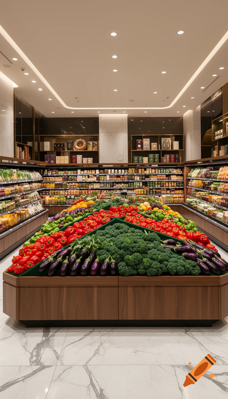 A vibrant, ultra-realistic photo of a luxury grocery store's produce section, featuring neatly arranged broccoli, red bell peppers, and eggplants.