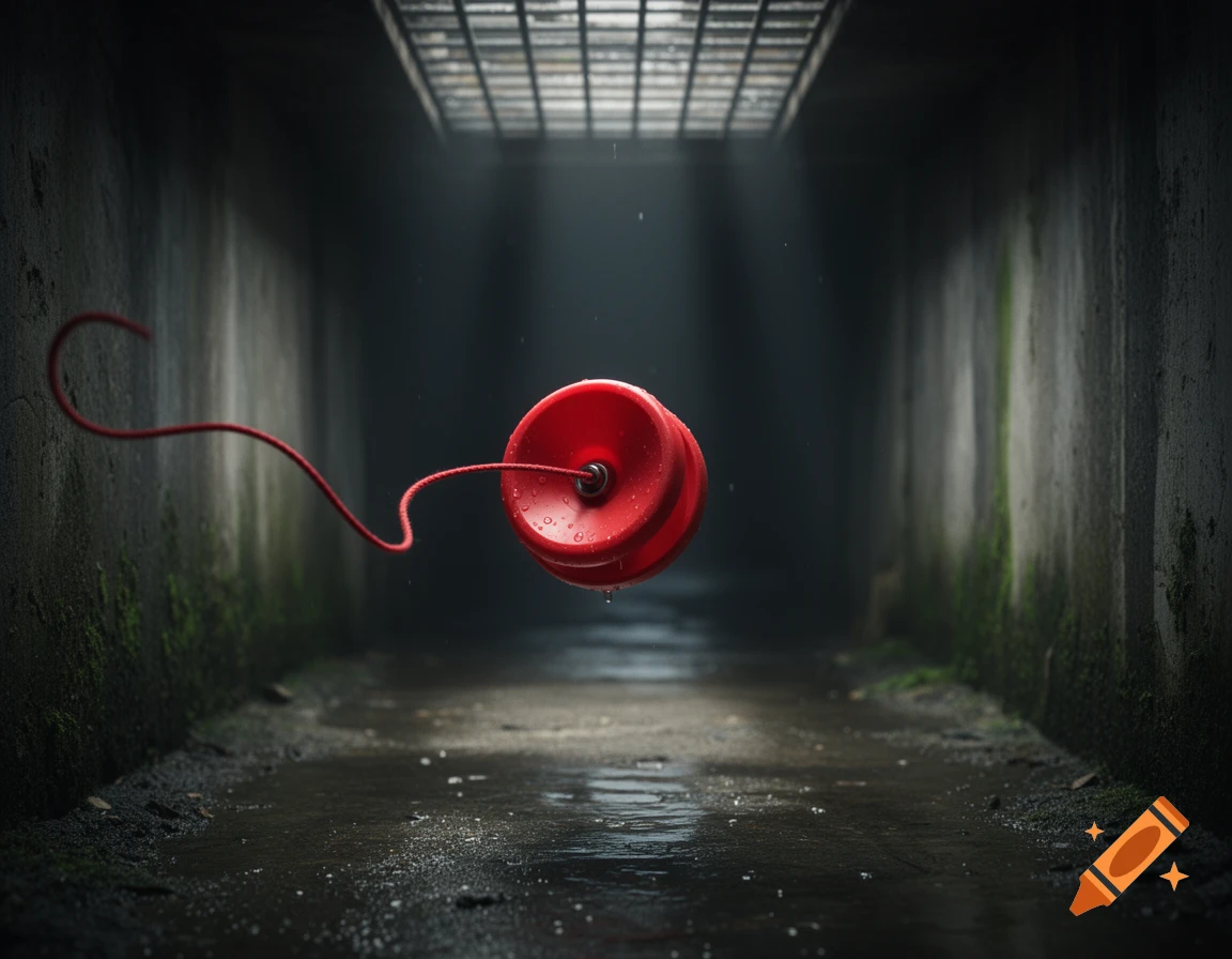 A vibrant red yoyo floats in a dark, wet sewer tunnel, illuminated by light from an overhead grate.
