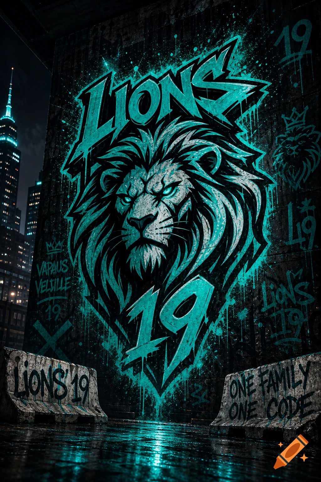 Teal graffiti of a fierce lion head and 'LIONS 19' on a dark urban wall at night, city lights in background.