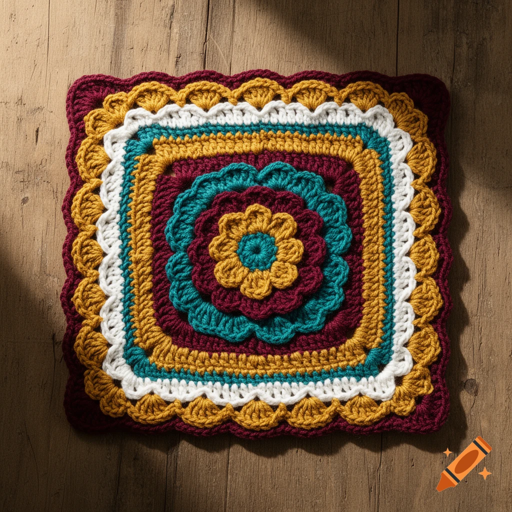 A vibrant square bohemian-inspired granny square crochet in shades of maroon, teal, mustard yellow, and white, resting on a wooden surface.