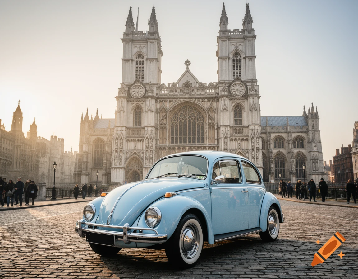 A light blue classic Volkswagen Beetle parked on cobblestones in front of Westminster Abbey at sunset.