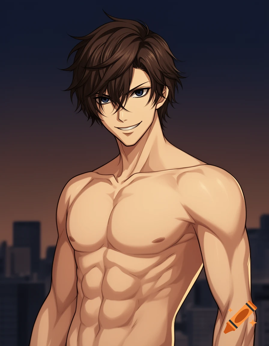 A muscular, shirtless anime man with dark brown hair and blue eyes smirking against a dark city skyline at dusk.