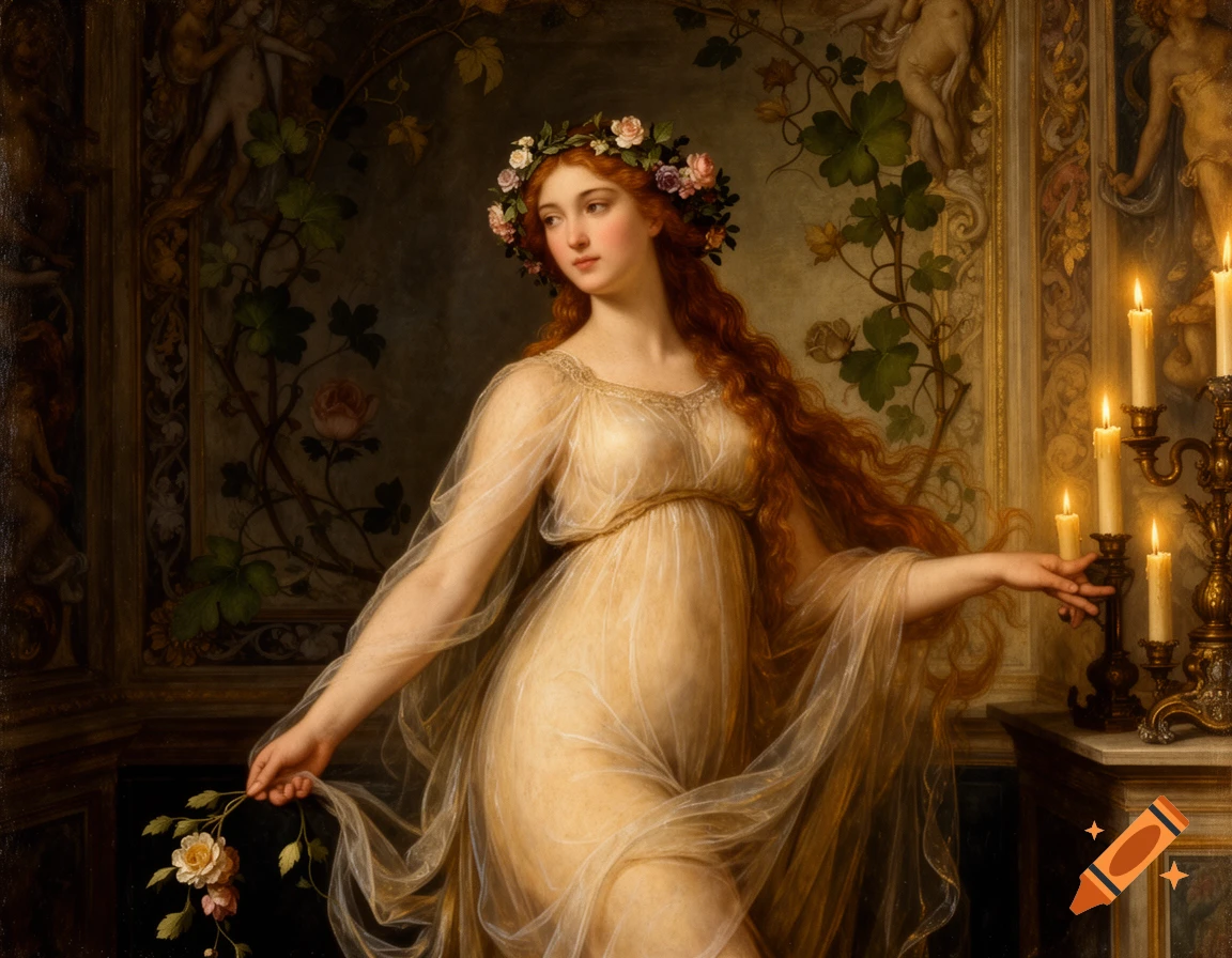Renaissance painting of a woman with long red hair and a flower crown, wearing a translucent gown, holding a rose, beside lit candles.