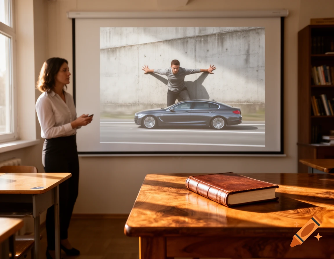 A woman presents in a classroom, projecting an image of a man with outstretched arms next to a moving car. A brown book rests on a wooden desk.