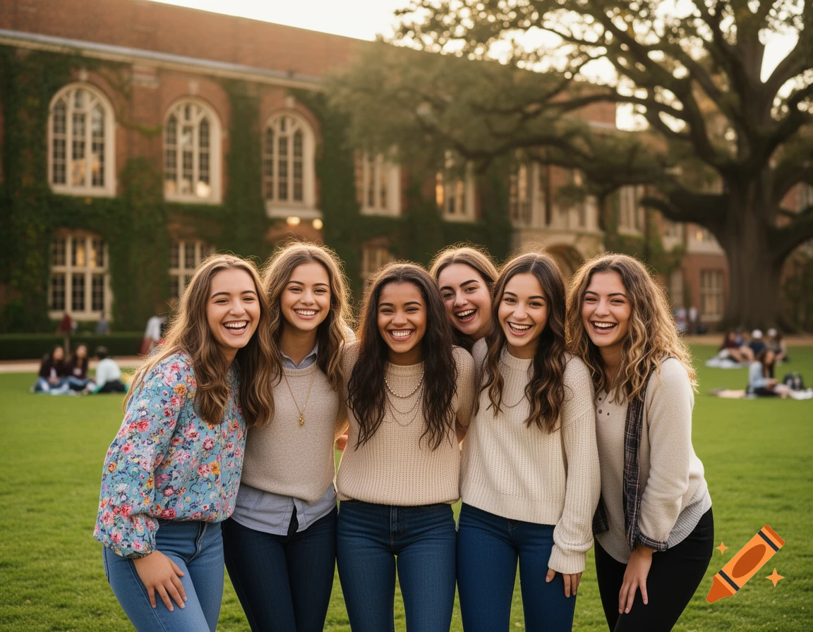 Six smiling college women pose on a sunny campus lawn with a brick building and large tree in the background.