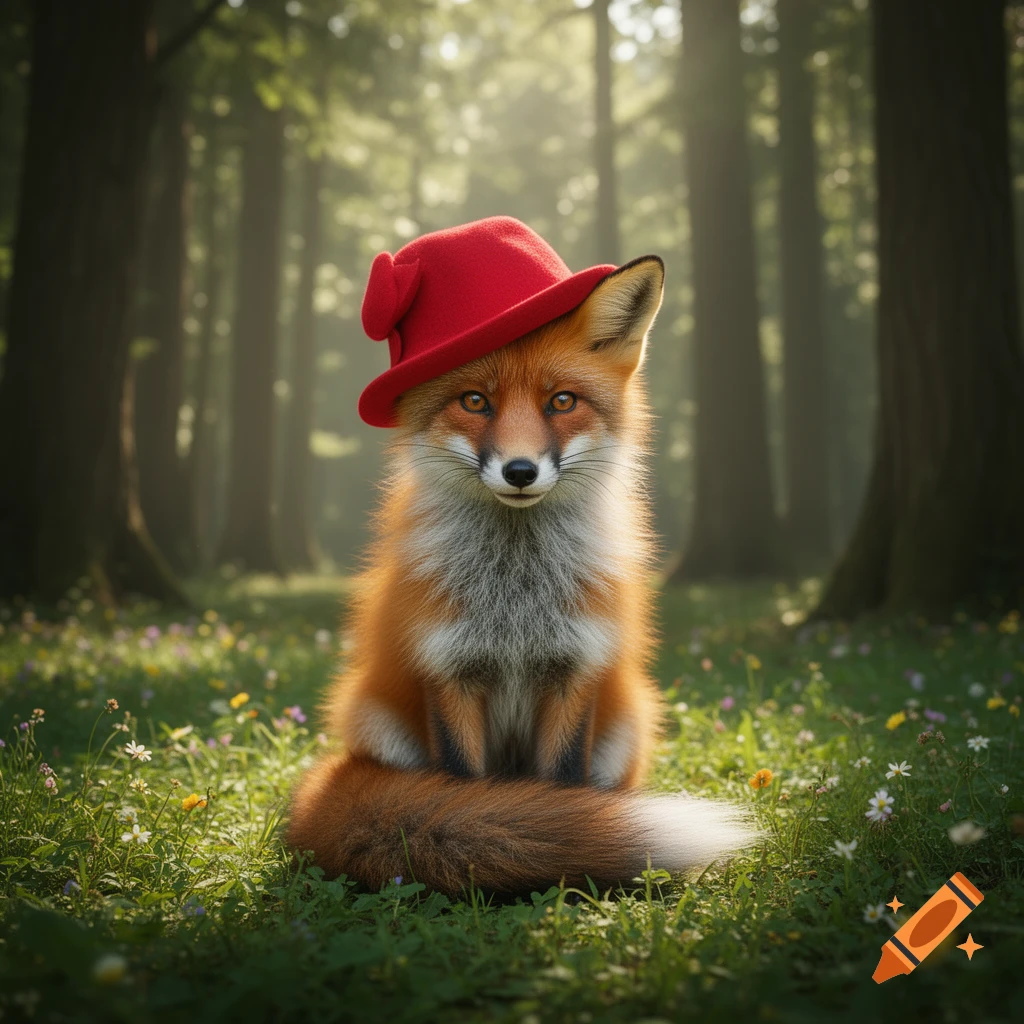 A photorealistic fox with a red hat sits in a sunlit forest surrounded by green grass and wildflowers.