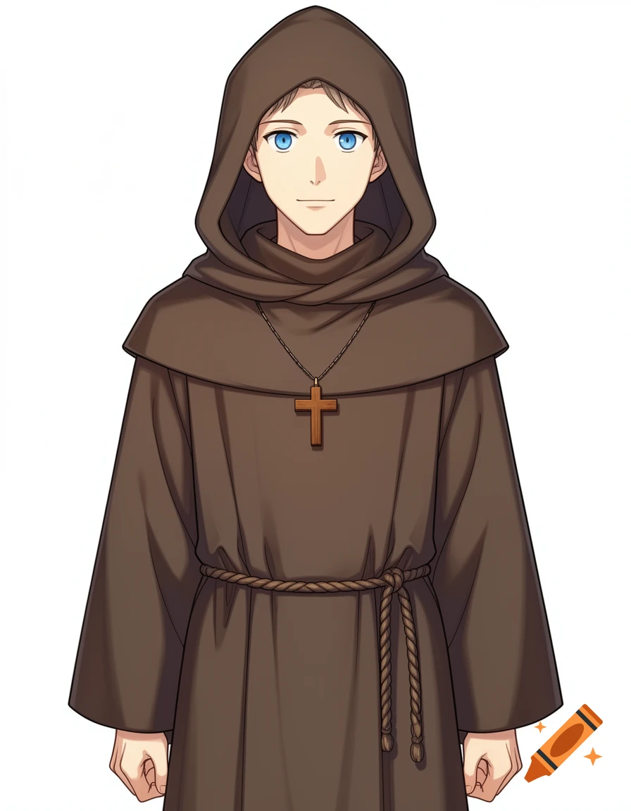 Anime illustration of a young monk with blue eyes, wearing a brown hooded robe, rope belt, and wooden cross necklace.