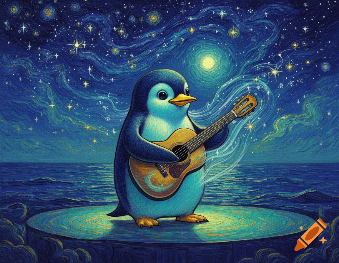 A cartoon penguin playing an acoustic guitar on a round stage, against a Van Gogh-style starry night sky over the ocean.