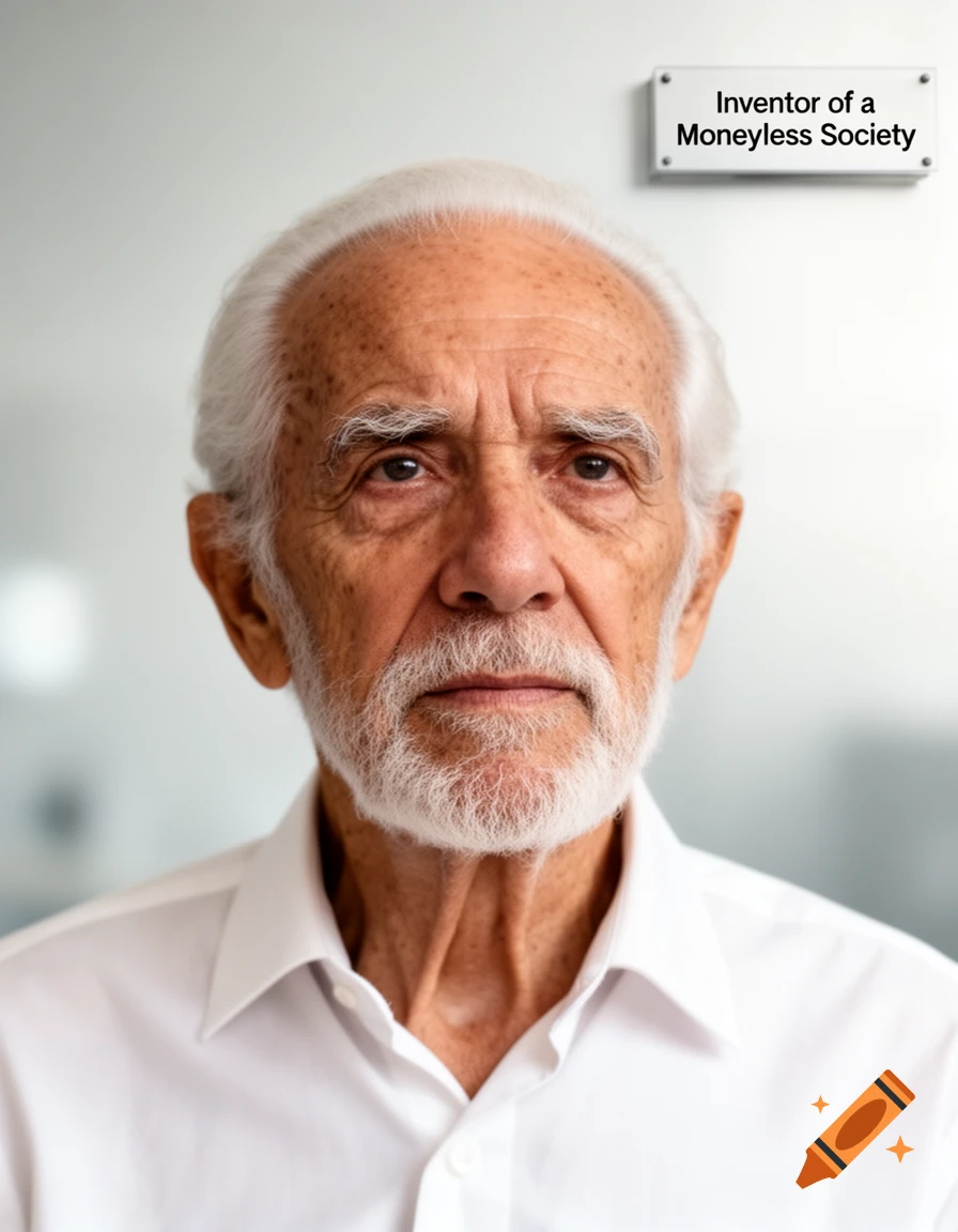 Photorealistic portrait of an elderly man with white hair and beard, with a sign above his head reading 'Inventor of a Moneyless Society'.