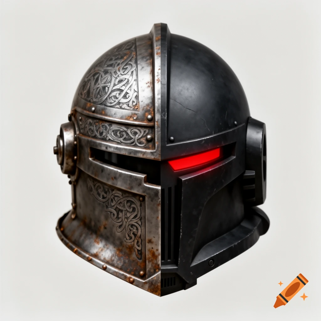 A helmet split down the middle, one half a rusty medieval knight's helmet with Celtic patterns, the other a dark, futuristic space marine helmet with a glowing red visor.