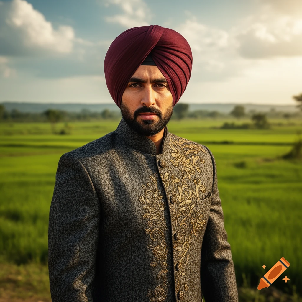 Photorealistic portrait of a man wearing a maroon turban and an embroidered grey sherwani, standing in a lush green field under a cloudy sky.
