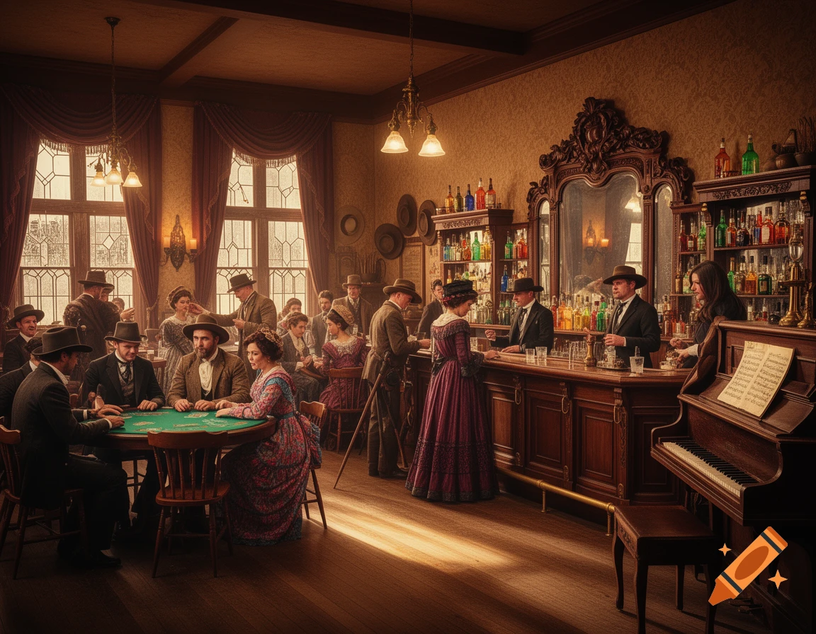 A bustling Victorian-era saloon with patrons gambling at a card table and socializing at a long wooden bar.